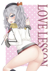 Rule 34 | 1girl, ass, black headwear, black legwear, blue eyes, blush, bottomless, breasts, from behind, hair ribbon, hat, holding, kantai collection, kashima (kancolle), large breasts, long hair, long sleeves, looking at viewer, looking back, open mouth, ozaki mirai, pink background, polka dot, polka dot background, ribbon, riding crop, shirt, silver hair, socks, standing, teeth, twintails, white shirt