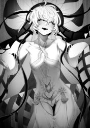 Rule 34 | 1girl, black sclera, blush, breasts, collarbone, colored sclera, dress, fate/grand order, fate (series), greyscale, highres, large hat, looking at viewer, monochrome, nakamura regura, open mouth, puffy sleeves, short hair, small breasts, smile, solo, thighs, van gogh (fate), van gogh (third ascension) (fate)