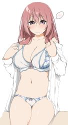 Rule 34 | 1girl, bra, breasts, cleavage, commentary request, curvy, hinata masaki, inui shinju, large breasts, long hair, navel, open clothes, open shirt, panties, pink hair, purple eyes, red hair, sitting, solo, sono bisque doll wa koi wo suru, spoken blush, underwear, undressing, white background