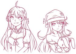 Rule 34 | 2girls, :d, ahoge, bow, bowtie, character name, collarbone, detached collar, hugging doll, expressionless, eyes visible through hair, frown, hair between eyes, hair ornament, hat, lineart, long hair, looking at viewer, messy hair, miru (rabi ribi), multiple girls, nightcap, hugging object, off shoulder, open mouth, pom pom (clothes), puffy short sleeves, puffy sleeves, rabi-ribi, rumi (rabi ribi), short sleeves, siblings, simple background, sisters, smile, speckticuls, stuffed animal, stuffed rabbit, stuffed toy, upper body, white background, x hair ornament