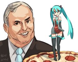 Rule 34 | 1boy, 1girl, alternate costume, animated, animated gif, aqua hair, black eyes, black thighhighs, dancing, dated, detached sleeves, domino&#039;s pizza, dress, food, green hair, grin, hatsune miku, headset, junkpuyo, long hair, necktie, pizza, scott k. oelkers, short dress, simple background, skirt, smile, thighhighs, twintails, very long hair, vocaloid, white background, white hair, zettai ryouiki