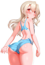 Rule 34 | 1girl, ass, blonde hair, blue one-piece swimsuit, blush, breasts, closed mouth, competition swimsuit, fate/kaleid liner prisma illya, fate (series), highres, illyasviel von einzbern, long hair, looking at viewer, looking back, one-piece swimsuit, red eyes, simple background, small breasts, smile, solo, swimsuit, thighs, two-tone swimsuit, wet, white background, zirba