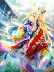 Rule 34 | absurdres, ahoge, animal ears, blonde hair, blurry, blurry background, blush, breasts, closed mouth, cloud, cloudy sky, dirty, dirty clothes, grass, hair ornament, highres, horse ears, horse girl, jacket, lens flare, long hair, long sleeves, looking up, mud, multicolored hair, neo universe (umamusume), official art, racetrack, rain, sky, small breasts, smile, two-tone hair, umamusume