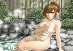 Rule 34 | 1girl, brown eyes, brown hair, covering privates, hamura mayu, light smile, meiko (vocaloid), naked towel, nude, nude cover, onsen, short hair, smile, solo, steam, towel, vocaloid, water