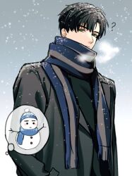 Rule 34 | 1boy, ?, black coat, black hair, black shirt, blue scarf, coat, dao (daao bf), green eyes, hat, looking at viewer, love and deepspace, male focus, scarf, shirt, short hair, snowing, snowman, solo, standing, upper body, zayne (love and deepspace)