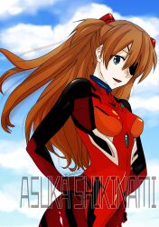 Rule 34 | 1girl, absurdres, artist request, blue eyes, blue sky, bodysuit, breasts, brown hair, character name, evangelion: 3.0 you can (not) redo, eyepatch, floating hair, hair between eyes, hands on own hips, highres, long hair, looking at viewer, medium breasts, neon genesis evangelion, plugsuit, rebuild of evangelion, red bodysuit, shiny clothes, simple background, sky, smile, solo, souryuu asuka langley, two side up, very long hair