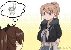 Rule 34 | 2girls, blue eyes, brown hair, commentary request, intrepid (kancolle), kantai collection, misumi (niku-kyu), multiple girls, neck pillow, one-hour drawing challenge, ponytail, shikinami (kancolle), short sleeves, toilet seat, twitter username