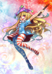 Rule 34 | 1girl, american flag dress, american flag legwear, american flag shirt, blonde hair, clownpiece, fairy wings, hat, hip focus, jester cap, legs, long hair, looking at viewer, open mouth, pantyhose, pink eyes, round teeth, smile, solo, striped clothes, striped pantyhose, teeth, torch, touhou, umigarasu (kitsune1963), very long hair, wings