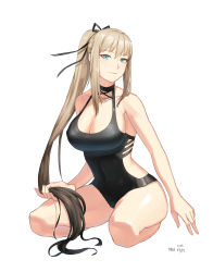 Rule 34 | 1girl, absurdres, blonde hair, breasts, cleavage, closers, female focus, harpy (closers), highres, large breasts, long hair, looking at viewer, md5 mismatch, mole, mole under eye, one-piece swimsuit, ponytail, simple background, sitting, smile, solo, swimsuit, very long hair, wariza, white background, yeoul