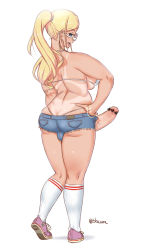 Rule 34 | 1futa, artist name, ass, blaccura, blonde hair, blue eyes, bracelet, breasts, bulge, butt crack, censored, denim, denim shorts, earrings, erection, erection under clothes, from behind, futanari, glasses, hand on own hip, highres, jewelry, kneehighs, large breasts, large penis, long hair, one-piece tan, open mouth, penis, piercing, plump, ponytail, shoes, short shorts, shorts, sideboob, simple background, skindentation, sneakers, socks, solo, tan, tanline, tongue piercing, white background