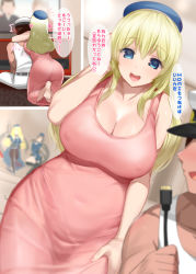 Rule 34 | 1boy, 1girl, admiral (kancolle), ass, atago (kancolle), barefoot, belt, beret, black belt, black hair, blonde hair, blue eyes, blue headwear, blue jacket, blush, breasts, cable, cleavage, collarbone, covered erect nipples, covered navel, crossed legs, figure, hand on own leg, hat, heart, highres, hug, hug from behind, jacket, kantai collection, kneeling, kusaka souji, large breasts, long hair, looking at another, looking back, multiple views, nightgown, open mouth, pants, peaked cap, pink nightgown, see-through, sidelocks, takao (kancolle), tank top, television, translation request, white headwear, white pants, white tank top