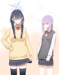 Rule 34 | 2girls, absurdres, alternate costume, atsuko (blue archive), bespectacled, black hair, black skirt, black thighhighs, blue archive, blush, bow, bowtie, braid, braided ponytail, breasts, collared shirt, glasses, gradient background, grey sweater, hair bow, halo, highres, looking at viewer, medium breasts, miniskirt, multiple girls, pleated skirt, purple hair, saori (blue archive), shirt, skirt, sleeves past wrists, small breasts, sparkle, standing, sweatdrop, sweater, sweater vest, thighhighs, twin braids, white shirt, yayuyoron, yellow sweater