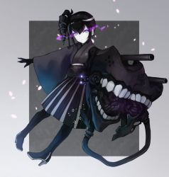Rule 34 | 10s, 1girl, :o, abyssal ship, ancient destroyer oni, bad id, bad pixiv id, black footwear, black gloves, black hair, black thighhighs, blue eyes, boots, cannon, drill hair, female focus, full body, gloves, glowing, glowing eyes, gradient background, hakama, hakama skirt, high heel boots, high heels, highres, japanese clothes, kantai collection, kimono, long hair, machinery, meiji schoolgirl uniform, mole, mole under eye, open mouth, petals, side ponytail, skirt, solo, teeth, thigh boots, thighhighs, turret, weasel (close-to-the-edge), wide sleeves