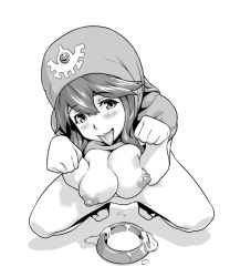 Rule 34 | 1girl, barefoot, blush, bowl, breasts squeezed together, breasts, chunsoft, cum, dragon quest, dragon quest ii, enix, from above, greyscale, hood, large breasts, looking at viewer, monochrome, nipples, nude, open mouth, paw pose, pet bowl, pet play, princess of moonbrook, shin (sin-maniax), solo, squatting, tongue, tongue out