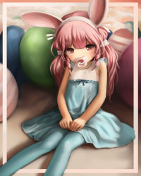 Rule 34 | 1girl, animal ears, blue dress, blue pantyhose, blush, child, covered mouth, crumbles, dress, easter egg, egg, hairband, hands on lap, highres, long hair, looking at viewer, low twintails, original, own hands together, pacifier, pantyhose, pink eyes, pink hair, rabbit ears, sitting, solo, twintails, white hairband