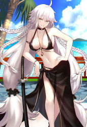 Rule 34 | 1girl, bare shoulders, beach, bikini, black bikini, blue sky, braid, breasts, cleavage, collarbone, day, fate/grand order, fate (series), hair between eyes, heroic spirit chaldea park outfit, highres, jeanne d&#039;arc (fate), jeanne d&#039;arc alter (fate), jeanne d&#039;arc alter (festival outfit) (fate), jewelry, katana, large breasts, long hair, looking at viewer, low-tied long hair, navel, necklace, official alternate costume, sarong, shigure s, silver hair, sky, slit pupils, smile, solo, swimsuit, sword, thighs, very long hair, weapon, yellow eyes