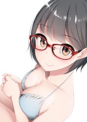 Rule 34 | 1girl, breasts, brown eyes, cleavage, closed mouth, from side, glasses, grey hair, highres, looking at viewer, looking to the side, medium breasts, nekobaka, original, own hands together, red-framed eyewear, short hair, simple background, smile, solo, squatting, white background