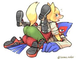 Rule 34 | 2boys, artist name, ass, blue eyes, blush, boots, falco lombardi, fox mccloud, furry, furry male, green eyes, jacket, kemo nuko, looking at viewer, lying, male focus, multiple boys, nintendo, open mouth, simple background, star fox, tail, yaoi
