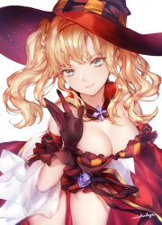 Rule 34 | 1girl, blonde hair, blue eyes, breasts, cleavage, granblue fantasy, halloween costume, hat, highres, jack-o&#039;-lantern, large breasts, long hair, looking at viewer, michudx, smile, solo, twintails, witch hat, zeta (granblue fantasy), zeta (halloween) (granblue fantasy)
