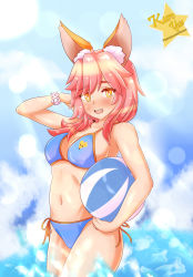 1girl animal_ears balloon bikini blue_bikini blush breasts cleavage day fate/grand_order fate_(series) female_focus fox_ears fox_tail groin highres kuroyuu large_breasts long_hair looking_at_viewer nature navel open_mouth outdoors pink_hair solo swimsuit tail tamamo_(fate) tamamo_no_mae_(fate/extra) tamamo_no_mae_(swimsuit_lancer)_(fate) yellow_eyes