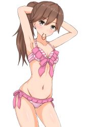 Rule 34 | 1girl, alternate hairstyle, arashio (kancolle), armpits, arms up, bikini, breasts, brown eyes, brown hair, cleavage, collarbone, cowboy shot, groin, hair between eyes, kantai collection, linfa (futari midara), long hair, looking at viewer, mouth hold, navel, pink bikini, ponytail, shiny skin, side-tie bikini bottom, simple background, small breasts, solo, standing, striped bikini, striped clothes, swimsuit, tying hair, white background