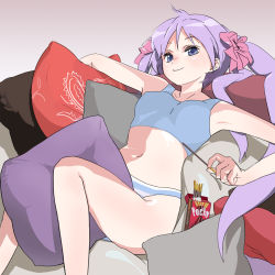 Rule 34 | 00s, 1girl, bad id, bad pixiv id, food, highres, hiiragi kagami, lucky star, mta, panties, pillow, pocky, solo, striped clothes, striped panties, tank top, underwear