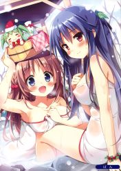 Rule 34 | 2girls, :3, :d, absurdres, artist name, bare tree, bell, blue eyes, blue hair, blush, body blush, bow, bowtie, braid, breasts, brown hair, bucket, character doll, cleavage, collarbone, dutch angle, covered erect nipples, closed eyes, food, fruit, green hair, hair bobbles, hair ornament, hat, highres, holly, large breasts, long hair, medium breasts, melon, melonbooks, multiple girls, naked towel, onsen, open mouth, original, pan (mimi), partially submerged, red eyes, rock, santa hat, scan, smile, snowing, soaking feet, towel, tree, twintails, two side up, very long hair, wet