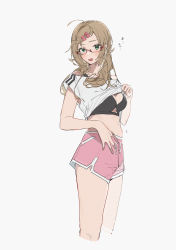 Rule 34 | 1girl, :o, ahoge, alternate costume, alternate hairstyle, belly, bespectacled, black bra, blush, bra, breasts, cleavage, clothes lift, cropped legs, dolphin shorts, glasses, green eyes, highres, idolmaster, idolmaster cinderella girls, lifted by self, light brown hair, looking at viewer, medium breasts, midriff, navel, off-shoulder shirt, off shoulder, pink shorts, sato shin, semi-rimless eyewear, shirt, shirt lift, shorts, simple background, solo, sugata dski, sweatdrop, twintails, underwear, white background