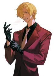 Rule 34 | 1boy, beard, black gloves, black shirt, blonde hair, blue eyes, cigarette, clenched teeth, facial hair, formal, gloves, hair between eyes, hair over one eye, highres, jacket, looking ahead, male focus, mustache, necktie, one piece, red jacket, red suit, sanji (one piece), sanmuyun, shirt, simple background, solo, suit, teeth, upper body, white background, white necktie