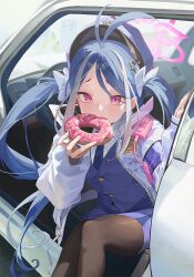 Rule 34 | 1girl, antenna hair, armband, blue archive, blue armband, blue hair, blue hat, blue necktie, blue skirt, car, car interior, commentary request, doughnut, eating, feet out of frame, food, fubuki (blue archive), halo, hat, highres, holding doughnut, long hair, long sleeves, looking at viewer, m.q (mqkyrie), motor vehicle, multicolored hair, necktie, parted bangs, pink eyes, pink halo, police, police badge, police hat, police uniform, policewoman, sitting, skirt, solo, streaked hair, twintails, uniform, very long hair, walkie-talkie, white hair