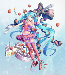 Rule 34 | 1girl, aqua eyes, aqua hair, cake, candle, crown, food, fork, fruit, hatsune miku, long hair, midriff, navel, oversized object, red thighhighs, skirt, smile, solo, strawberry, suishougensou, thighhighs, twintails, very long hair, vocaloid