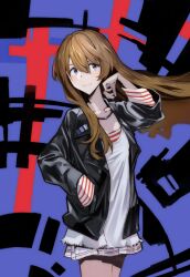 Rule 34 | 1girl, bare legs, black jacket, blue eyes, breasts, brown hair, evangelion: 3.0+1.0 thrice upon a time, floating hair, hand in pocket, highres, jacket, long hair, looking at viewer, neon genesis evangelion, rebuild of evangelion, shiny skin, simple background, skirt, small breasts, smile, solo, souryuu asuka langley, standing, two side up, yagisawa teru