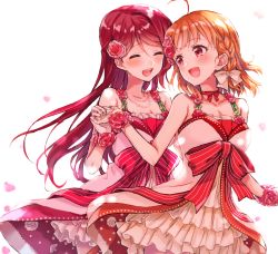 Rule 34 | 2girls, :d, ^ ^, ahoge, bare shoulders, blush, bow, braid, breasts, cherry blossoms, choker, cleavage, closed eyes, collarbone, commentary request, dress, flower, gloves, hair bow, hair flower, hair ornament, half updo, holding hands, jewelry, long hair, looking at another, love live!, love live! school idol festival, love live! sunshine!!, medium breasts, multiple girls, necklace, open mouth, orange hair, overskirt, pearl necklace, petals, pink flower, pink rose, red choker, red eyes, red hair, red ribbon, ribbon, ribbon choker, rose, round teeth, sahara (charlotte), sakurauchi riko, short hair, side braid, smile, striped ribbon, takami chika, teeth, upper teeth only, white bow, white gloves, wrist flower, yuri