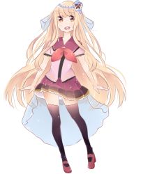 Rule 34 | 1girl, :d, black thighhighs, blonde hair, brown eyes, deviantart, flower, hair ornament, long hair, looking at viewer, open mouth, original, otoha kowalska, pink skirt, red footwear, red ribbon, ribbon, shoes, simple background, skirt, smile, solo, thighhighs, touhou, very long hair, white background