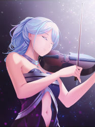 Rule 34 | 1girl, ak-12 (girls&#039; frontline), ak-12 (quiet azure) (girls&#039; frontline), bare shoulders, breasts, closed eyes, closed mouth, commentary request, dress, gan-viking, girls&#039; frontline, halterneck, highres, holding, holding instrument, holding violin, instrument, long hair, navel, official alternate costume, revision, sidelocks, silver hair, solo, violin