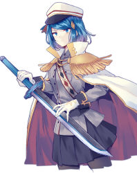 Rule 34 | 1girl, belt, black pantyhose, black skirt, blue eyes, blue hair, cape, character request, closed mouth, commentary, cowboy shot, gloves, highres, holding, holding sword, holding weapon, military, military uniform, mist train girls, pantyhose, serious, short hair, simple background, skirt, solo, swept bangs, sword, uniform, uranaishi (miraura), weapon, white background, white cape, white gloves