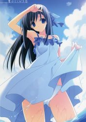 Rule 34 | 1girl, absurdres, bare arms, black hair, blue eyes, breasts, clothes lift, cloud, cloudy sky, collarbone, cowboy shot, day, dress, dress lift, hair ribbon, highres, lifted by self, long hair, looking at viewer, outdoors, panties, pantyshot, ribbon, skirt, skirt lift, sky, sleeveless, sleeveless dress, small breasts, solo, standing, suzuhira hiro, underwear, wading, water