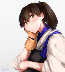 Rule 34 | 1girl, artist name, brown eyes, brown gloves, brown hair, commentary request, gloves, hand on own face, japanese clothes, kaga (kancolle), kantai collection, long hair, looking at viewer, mani oniniku, milestone celebration, muneate, partially fingerless gloves, partly fingerless gloves, revision, side ponytail, single glove, solo, tasuki, upper body, yugake