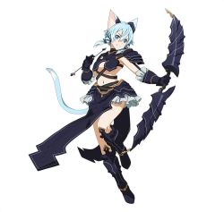 Rule 34 | 10s, 1girl, animal ears, armor, armored boots, arrow (projectile), black footwear, black ribbon, blue eyes, blue hair, boots, bow (weapon), breasts, cat ears, cat tail, cleavage, full body, gauntlets, hair between eyes, hair ribbon, holding, holding arrow, holding weapon, knee boots, looking at viewer, medium breasts, midriff, navel, one eye closed, ribbon, short hair with long locks, shoulder armor, sidelocks, simple background, sinon, sinon (sao-alo), smile, solo, pauldrons, standing, stomach, sword art online, tail, underwear, weapon, white background
