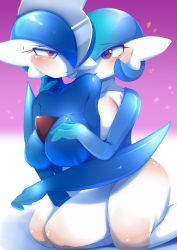 Rule 34 | 2girls, absurdres, alternate color, ashraely, between legs, blue hair, blue skin, blush, bob cut, grabbing another&#039;s breast, breast press, breasts, collarbone, colored skin, creatures (company), eye contact, female focus, gallade, game freak, gardevoir, gen 3 pokemon, gen 4 pokemon, genderswap, genderswap (mtf), grabbing, grey hair, hair over one eye, half-closed eyes, hand between legs, hands up, happy, highres, hug, hug from behind, huge breasts, kneeling, looking at another, looking back, mohawk, multicolored hair, multicolored skin, multiple girls, nervous, nintendo, no nipples, open mouth, pokemon, pokemon (creature), red eyes, shiny pokemon, shiny skin, short hair, simple background, sitting, smile, sweat, thick thighs, thighs, two-tone hair, two-tone skin, white skin, wide hips, yuri