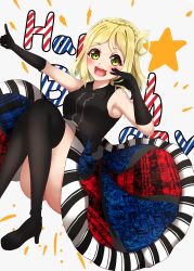 Rule 34 | 1girl, 2019, aoiao, armpits, artist name, artist request, bare shoulders, black footwear, black gloves, black legwear, blonde hair, braid, collared shirt, crown braid, female focus, full body, gloves, hair rings, high heels, highres, looking at viewer, love live!, love live! school idol festival, love live! sunshine!!, multicolored stripes, ohara mari, pointing, pointing up, shirt, shoes, short hair, skirt, smile, solo, song name, striped clothes, striped skirt, white background, yellow eyes