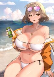 Rule 34 | 1girl, :d, ahoge, anis (nikke), anis (sparkling summer) (nikke), arm support, bare shoulders, beach, bikini, blue sky, breasts, brown hair, can, cloud, commentary request, day, eyepatch bikini, eyewear on head, goddess of victory: nikke, highres, holding, holding can, jacket, jewelry, juliet november, large breasts, long sleeves, looking at viewer, navel, ocean, off shoulder, open clothes, open jacket, open mouth, orange eyes, orange jacket, parted lips, pendant, short hair, side-tie bikini bottom, sitting, sky, smile, solo, stomach, strapless, strapless bikini, sunglasses, swimsuit, thighs, water