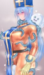 Rule 34 | 1girl, blue hair, blue tabard, bodysuit, breasts, covered erect nipples, cross, cross print, dragon quest, dragon quest iii, gloves, groping, hat, impossible bodysuit, impossible clothes, jellyfish, large breasts, latex, long breast curtain, long hair, man o&#039; war (dragon quest), mitre, monster, orange bodysuit, pink eyes, priest (dq3), print headwear, restrained, shiny clothes, skin tight, slime (substance), suspension, tabard, tentacles, tentacles under clothes, uni96 (uknee96), yellow gloves