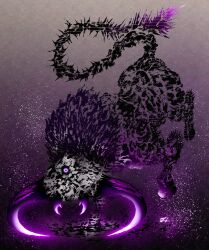 Rule 34 | absurdres, deadpool yuchan, elden ring, fallingstar beast, full body, glowing, glowing eye, gradient background, highres, hooves, light particles, mandibles, monster, monster focus, no humans, one-eyed, purple eyes, purple theme, signature, solo, spiked tail, sumi-e, tail