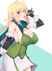 Rule 34 | 1girl, ahoge, black gloves, blonde hair, blue eyes, blue scarf, bottle, breasts, cleavage, covered erect nipples, elbow gloves, elf, from side, fur-trimmed gloves, fur trim, gloves, green shirt, hair between eyes, halkara (slime taoshite 300 nen), halterneck, holding, holding bottle, honda naoki, large breasts, long hair, looking at viewer, open mouth, pointy ears, scarf, sexually suggestive, shirt, sideboob, skirt, slime taoshite 300 nen shiranai uchi ni level max ni nattemashita, solo, very long hair, white skirt