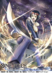 Rule 34 | 1girl, black eyes, black hair, commentary, commentary request, english commentary, english text, eyewear on head, holding, holding sword, holding weapon, katana, mixed-language commentary, official art, one piece, one piece card game, open mouth, outdoors, red-framed eyewear, short hair, solo, studio viga, sword, tashigi, teeth, translation request, weapon