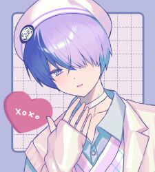 Rule 34 | 1boy, aoyagi touya, blue eyes, blue hair, choker, close game/offline (project sekai), collared shirt, commentary, dark blue hair, hair over one eye, hand up, heart, highres, kinomi 3030, lapels, long sleeves, looking at viewer, male focus, multicolored hair, notched lapels, official alternate hairstyle, one eye covered, open mouth, project sekai, shirt, short hair, solo, split-color hair, symbol-only commentary, two-tone hair, upper body, white choker