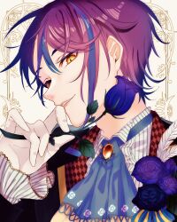 Rule 34 | 1boy, absurdres, argyle, argyle clothes, argyle coat, ascot, black coat, blue ascot, blue flower, blue hair, blue ribbon, blue rose, border, brooch, coat, collared shirt, commentary, floral print, flower, from side, gem, gloves, hair between eyes, highres, jewelry, kamishiro rui, leaf, long bangs, long sleeves, looking at viewer, looking to the side, male focus, mofu (ham mg kw), multicolored coat, multicolored hair, open clothes, open coat, ornate border, parted lips, pink lips, pinstripe pattern, pinstripe shirt, portrait, print ascot, project sekai, purple hair, red coat, red gemstone, ribbon, rose, rose print, shirt, short hair, streaked hair, striped, two-tone hair, two-tone ribbon, white background, white gloves, white shirt, wing collar, yellow coat, yellow eyes, yellow ribbon