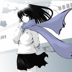 Rule 34 | 1girl, arms behind back, black eyes, black hair, blue necktie, blunt bangs, cardigan, closed mouth, commentary request, cowboy shot, emukami, hime cut, limited palette, long hair, looking at viewer, necktie, original, scarf, school uniform, sky, smile, solo