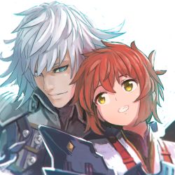 Rule 34 | 1boy, 1girl, armor, blue background, blue eyes, blush, gloves, head tilt, highres, jin (xenoblade), long hair, looking at viewer, lora (xenoblade), nintendo, parted lips, pauldrons, red hair, reiesu (reis), short hair, shoulder armor, simple background, smile, white background, white hair, xenoblade chronicles (series), xenoblade chronicles 2, xenoblade chronicles 2: torna - the golden country, yellow eyes